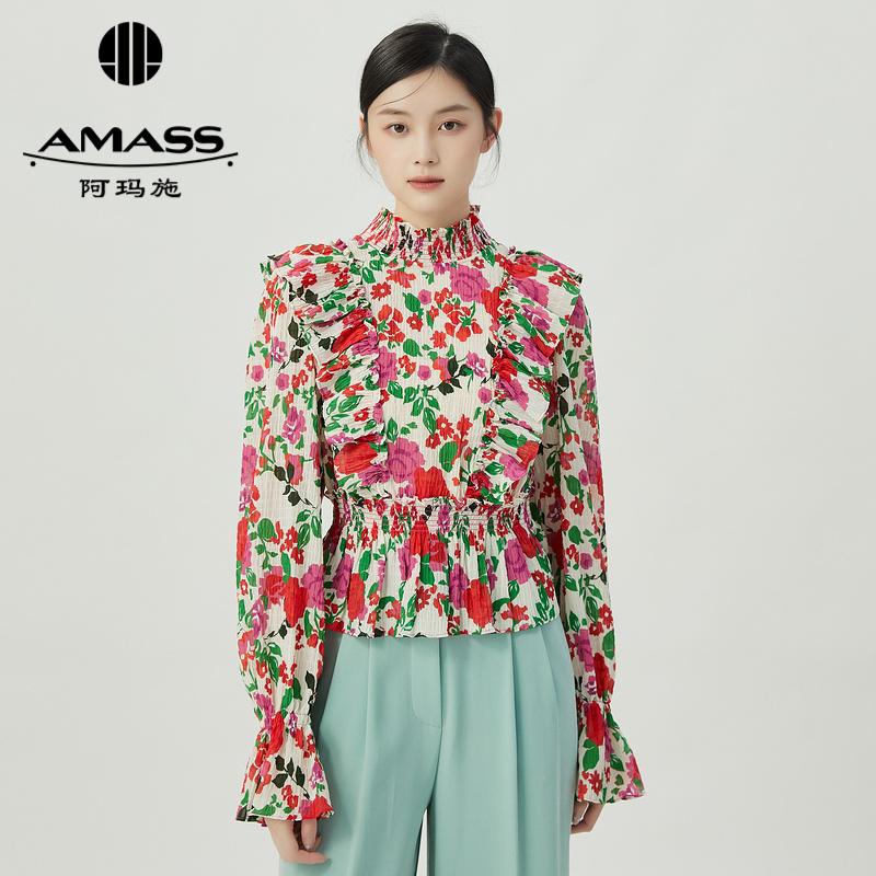阿玛施AMASS 浪漫复古仪式感立领荷叶边花色衬衫5300885