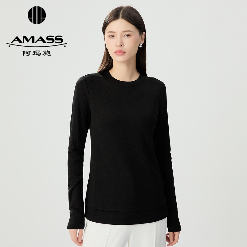 阿玛施AMASS 双面绵羊毛基础百搭圆领纯色长袖5300886