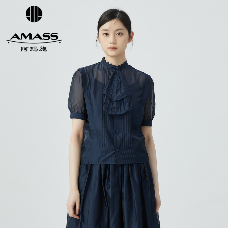 阿玛施AMASS 宫廷风高级质感短袖通透衬衫5300887 附领带