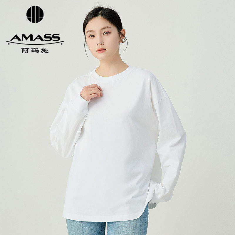 阿玛施AMASS 简约休闲百搭圆领廓形长袖纯色T恤530089