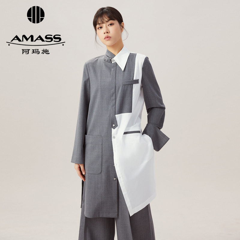 AMASS阿玛施 设计师款灰白拼接高级风中长款衬衫5300892 附金属环