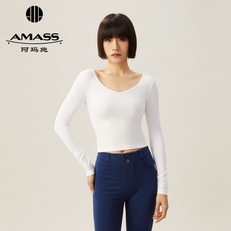 AMASS阿玛施 素面纯黑收身大V领长袖T5300893