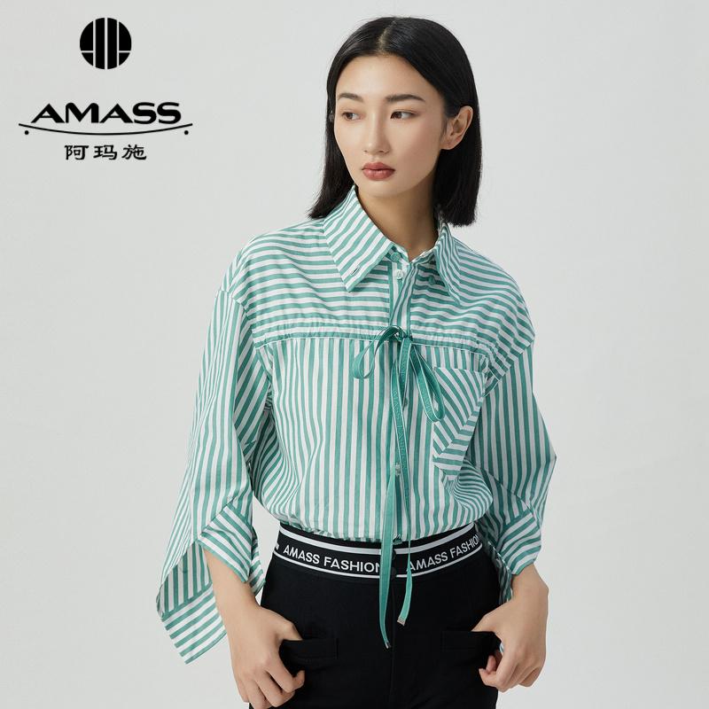 阿玛施AMASS 宽松男友风条纹中袖廓形衬衫5300895