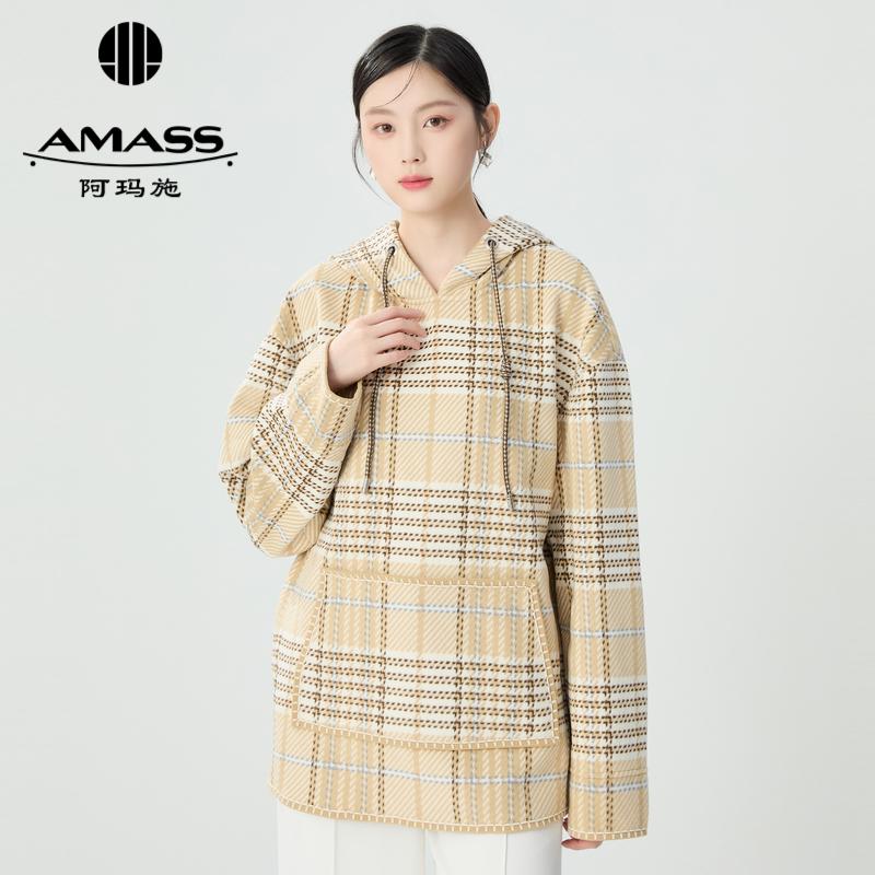 阿玛施AMASS 质感格纹羊毛宽松套头连帽卫衣5300898