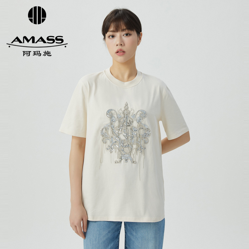 阿玛施AMASS “闪耀之鼎”质感绣花简洁大方圆领T恤5300902