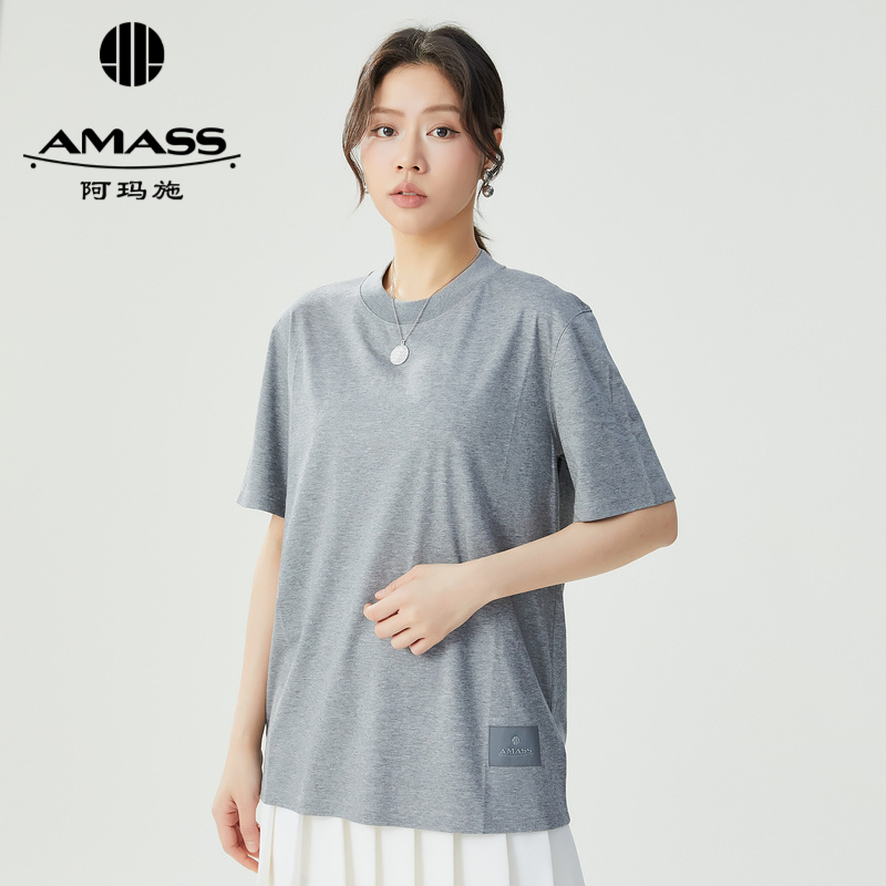 阿玛施AMASS 品质女装纯色时尚百搭显瘦短袖圆领合身T恤女5300902