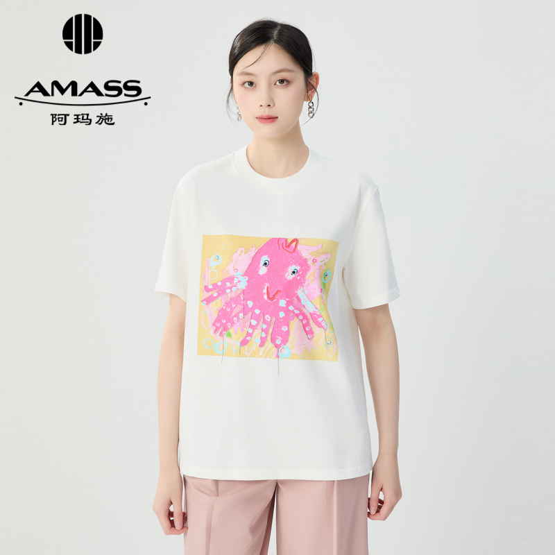 阿玛施AMASS 质感珠链绣色彩自然悦动舒适休闲T恤5300902