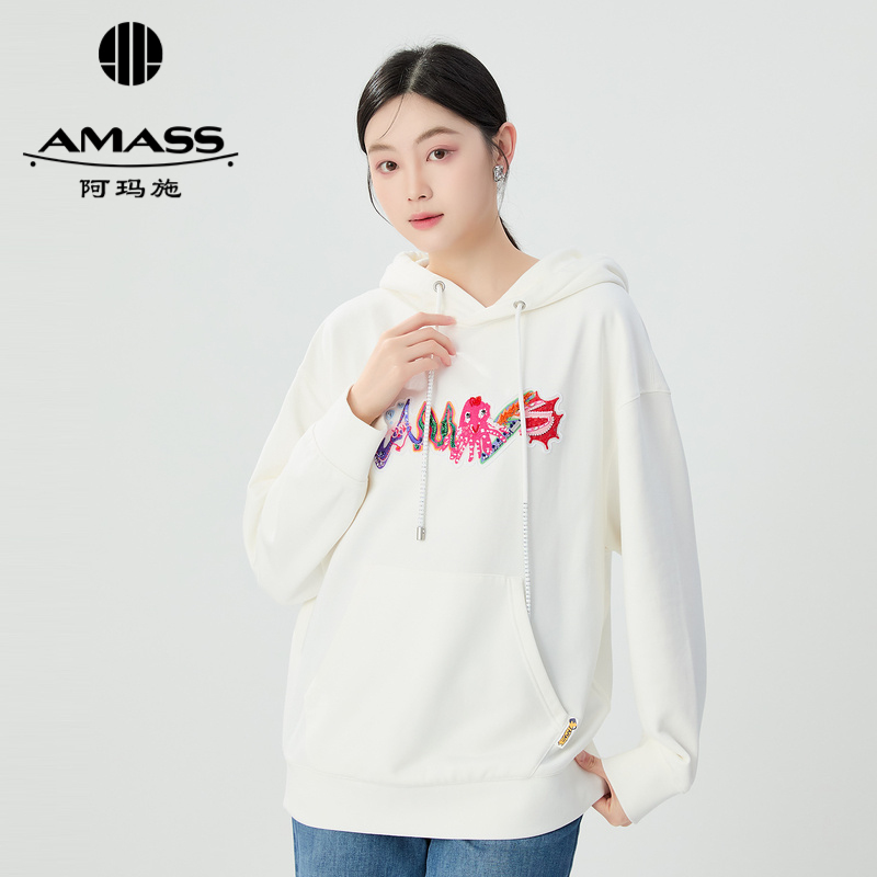 阿玛施AMASS 质感金线刺绣烫钻休闲连帽卫衣5300906