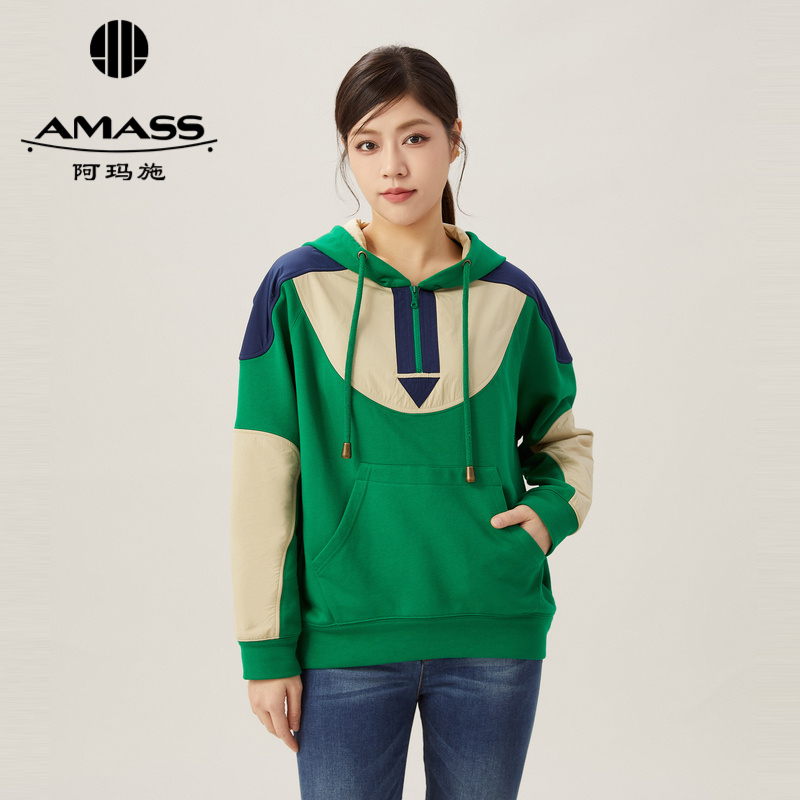 阿玛施AMASS 新款宽松潮牌拼色连帽卫衣5300909