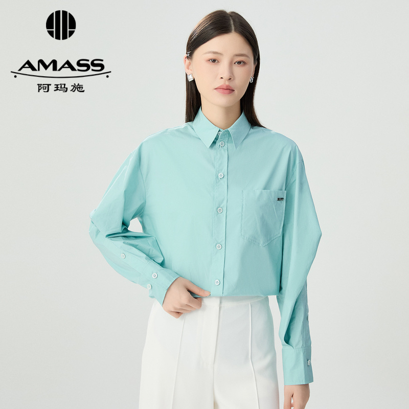 阿玛施AMASS 新款女装减龄通勤简约中长款宽松长袖棉质衬衫5300910