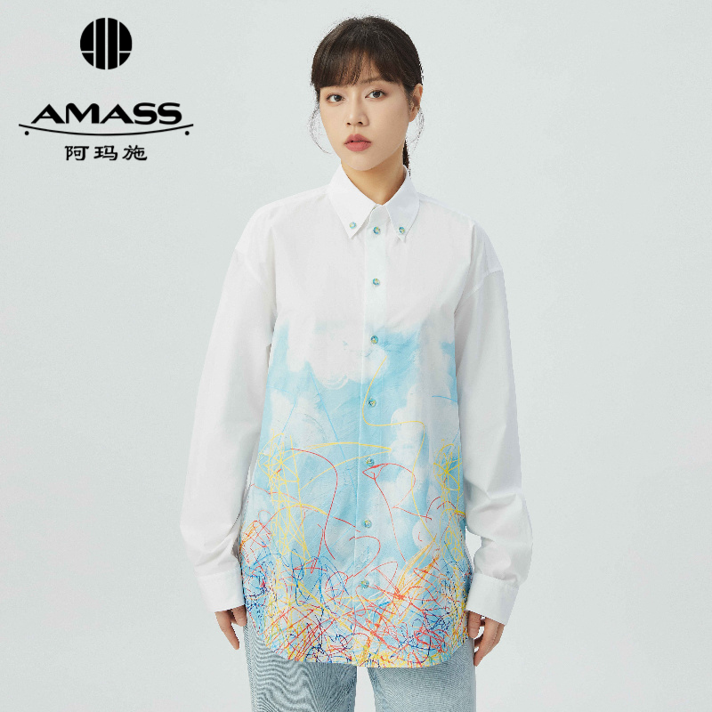 阿玛施AMASS图案印花设计中长廓形棉质衬衫5300911-2