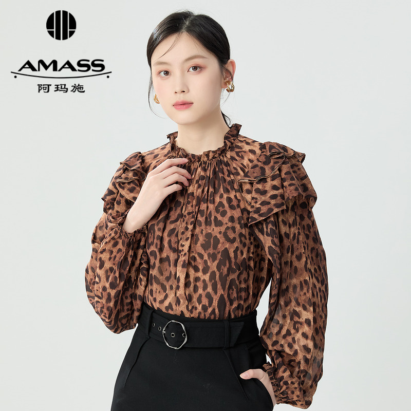 阿玛施AMASS 时髦个性荷叶边造型感豹纹衬衫5300912