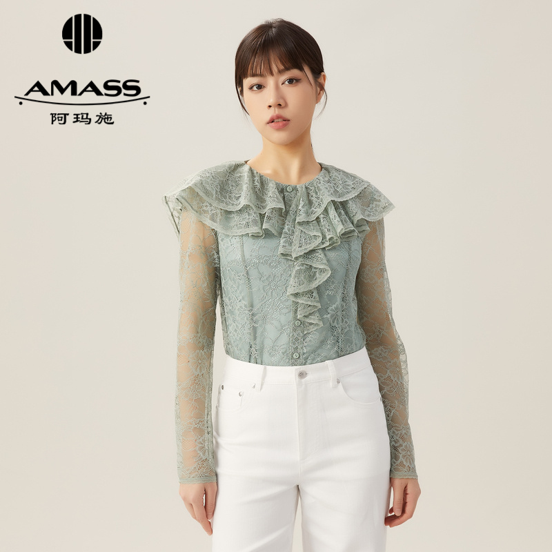 阿玛施AMASS 娃娃领宽松两件套蕾丝衬衫5300915