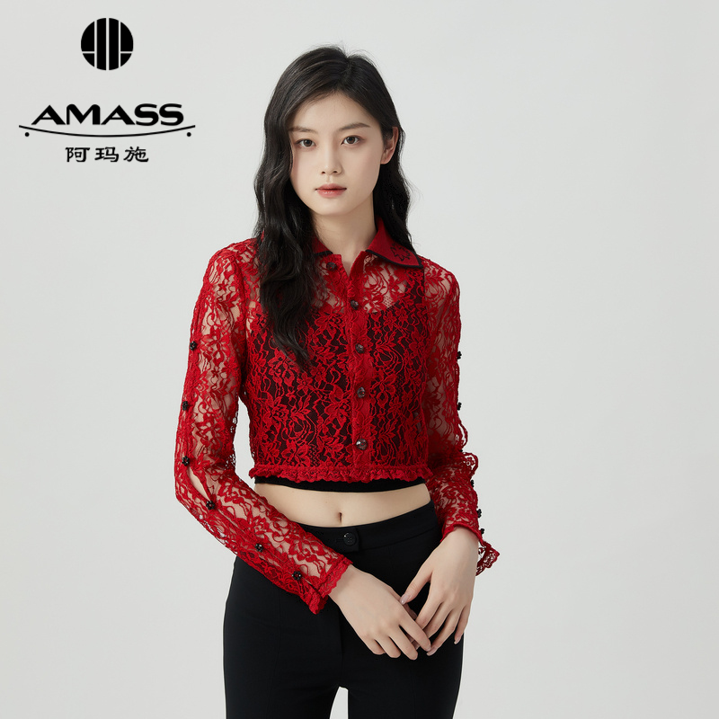 阿玛施AMASS 复古蕾丝透视polo领短款长袖上衣5300916