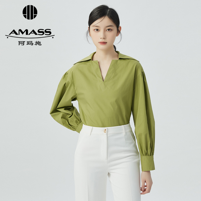 阿玛施AMASS 简约治愈纯色系V领套头棉质衬衫5300918
