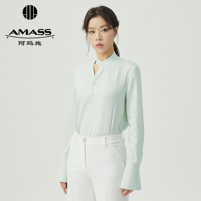 阿玛施AMASS 立领左右不对称设计斜纹面感丝质衬衫5300920