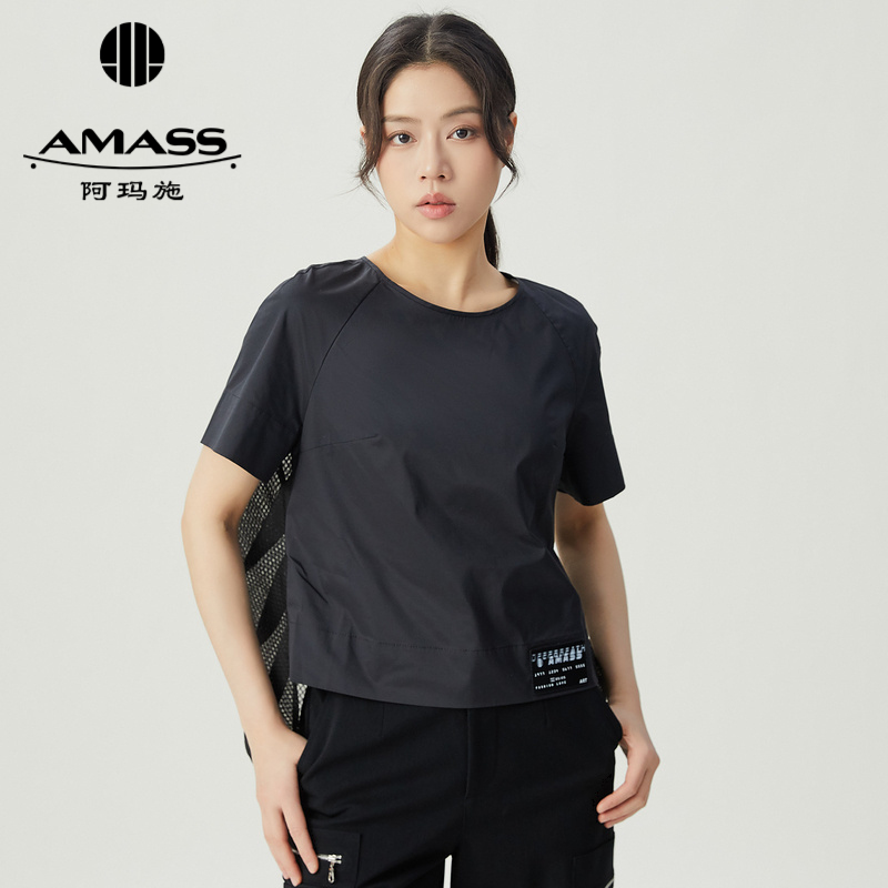 阿玛施AMASS 舒适随性简约圆弧形剪接短袖上衣5300921