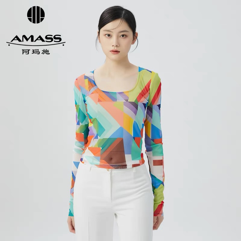 AMASS阿玛施 大U领时尚印花修身长袖5300927