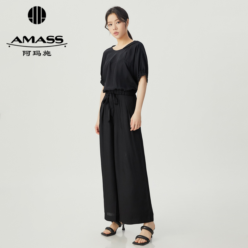 阿玛施AMASS 新款女装质感三醋酯上衣宽腿裤套装5300931-5100342