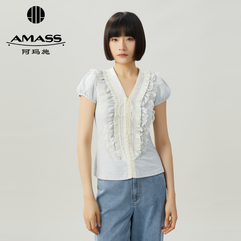 阿玛施AMASS V领花瓣领边抽绳设计修身短袖上衣5300937