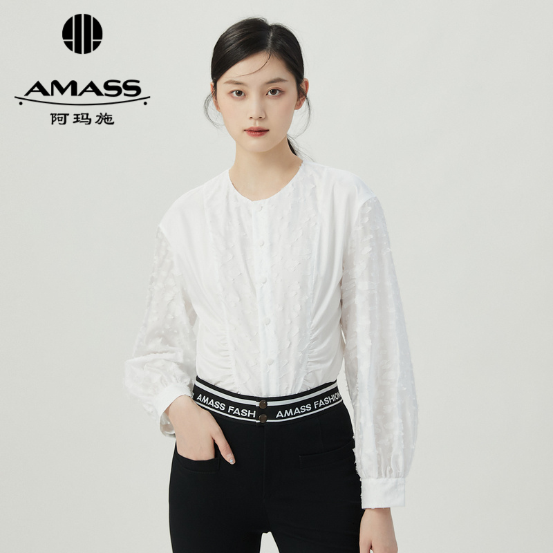 阿玛施AMASS 新款白月光前中抽皱设计圆领长袖白衬衫5300938