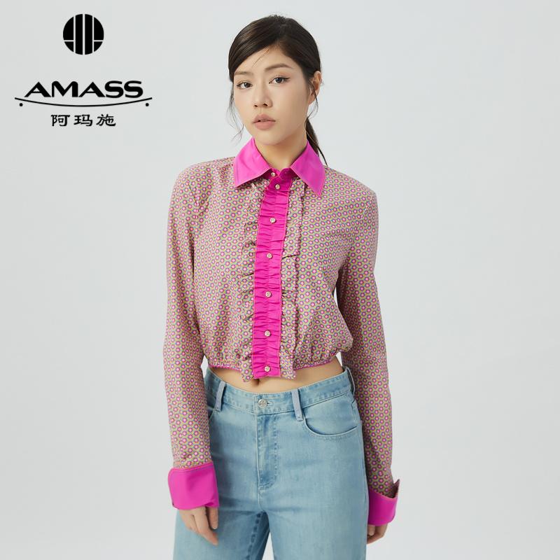 阿玛施AMASS 甜美率性复古印花短款长袖衬衫5300983