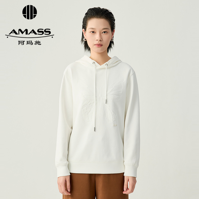 阿玛施AMASS 蝴蝶花锁链勾毛裁片绣连帽宽松卫衣530095