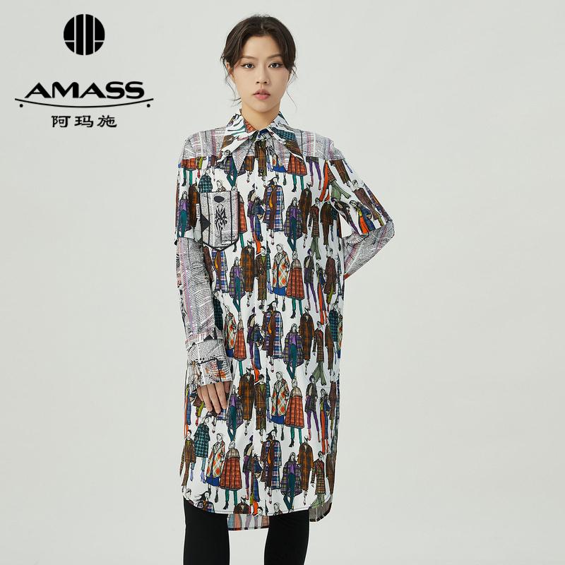 阿玛施AMASS新款潮牌拼接印花中长款衣袖可拆卸廓形衬衫5300958