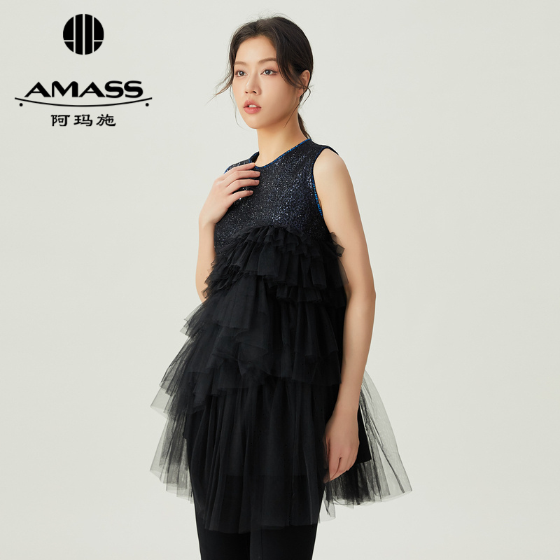 阿玛施AMASS 质感网纱拼接轻礼服无袖上衣5300964
