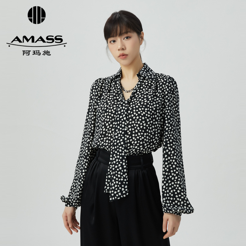 阿玛施AMASS 气质通勤复古波点V领衬衫5300968