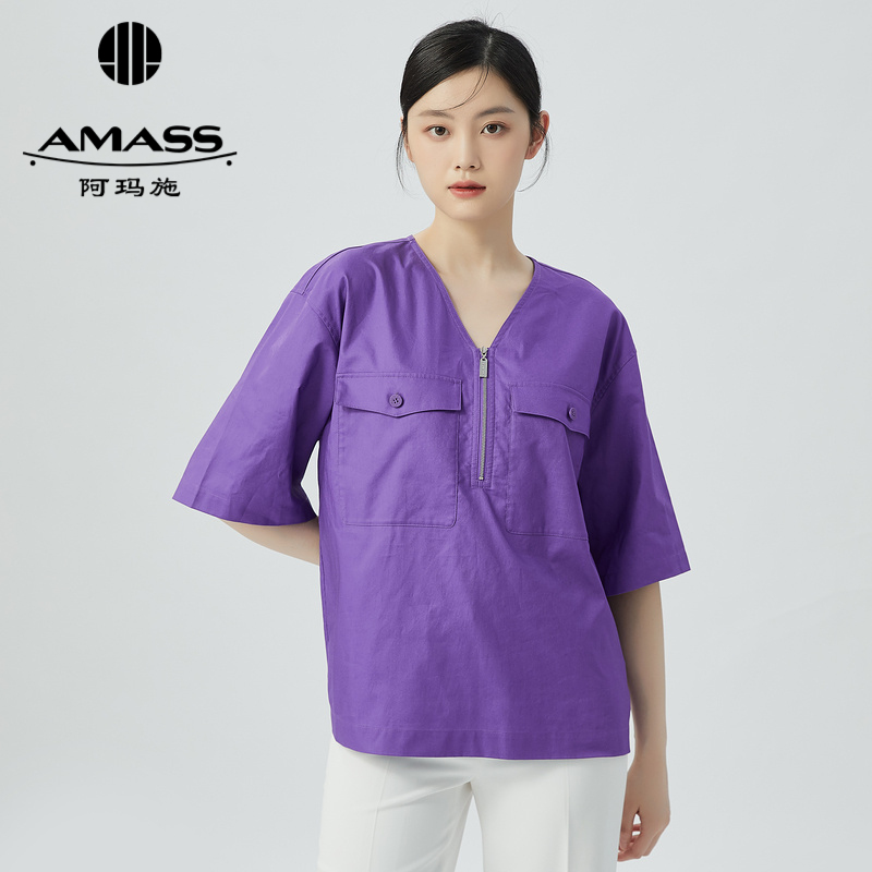 阿玛施AMASS 简约V领双口袋短袖T恤5300980