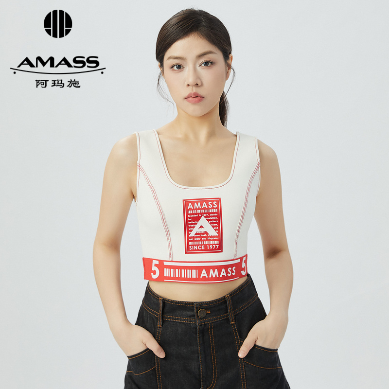 阿玛施AMASS潮牌拼色字母标语无袖短款背心5300982
