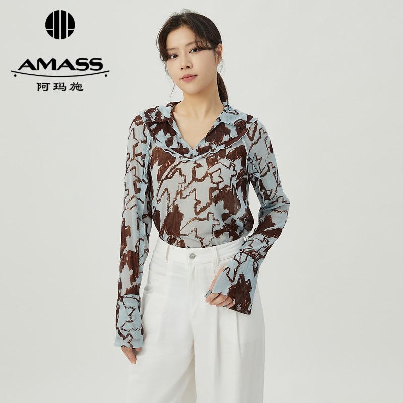 阿玛施AMASS 复古千鸟格花型轻盈飘逸衬衫5300985