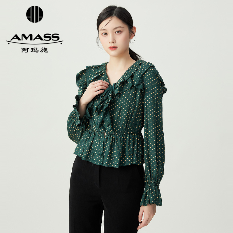 阿玛施AMASS宫廷风荷叶边植绒波点收腰上衣浪漫衬衫5300987