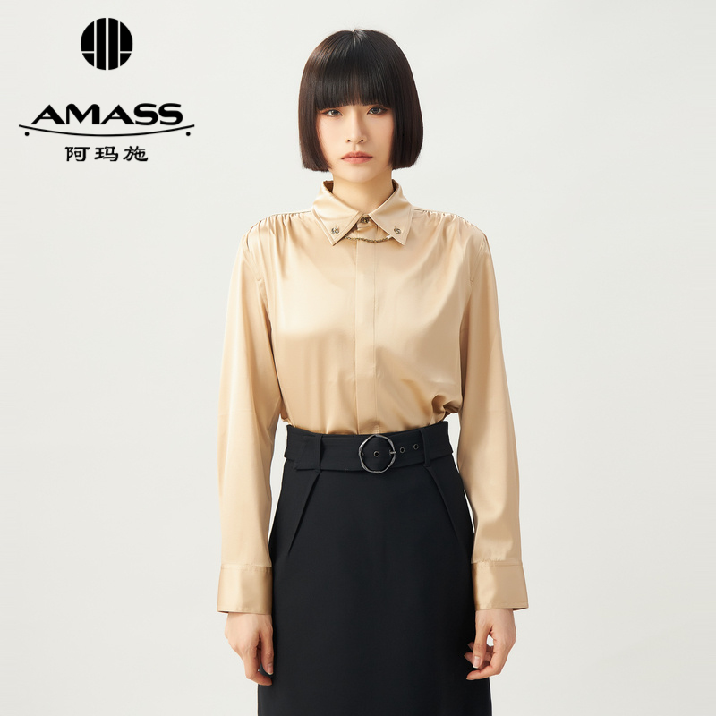 阿玛施AMASS 高光时刻质感丝质色丁衬衫5300988 附金属链扣