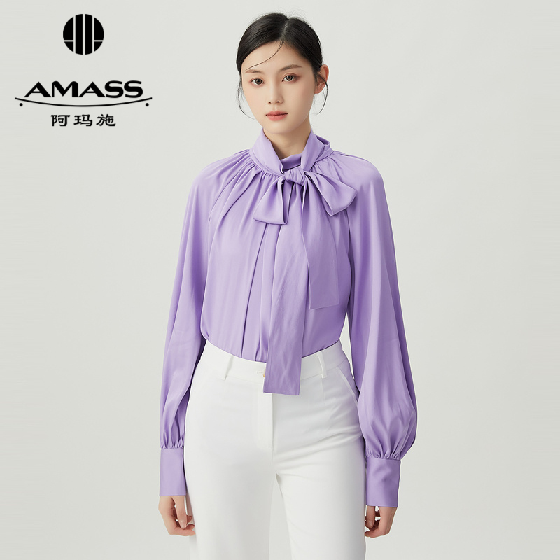 阿玛施AMASS新款质感通勤桑蚕丝宫廷风飘带衬衫5300994