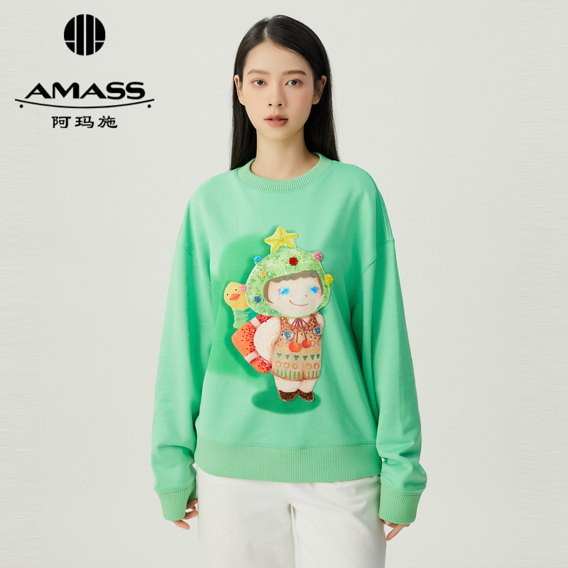 阿玛施AMASS 精致刺绣欢乐圣诞水墨印圆领卫衣5300996