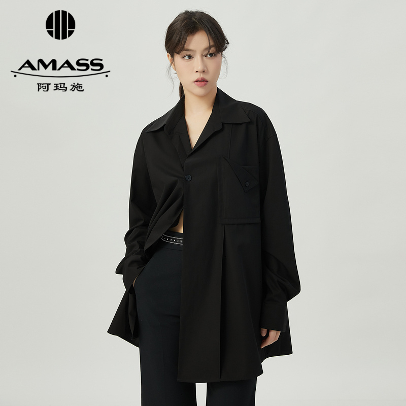 阿玛施AMASS新中式宽松口袋极简衬衣长袖纯色纯棉衬衫5301000-2