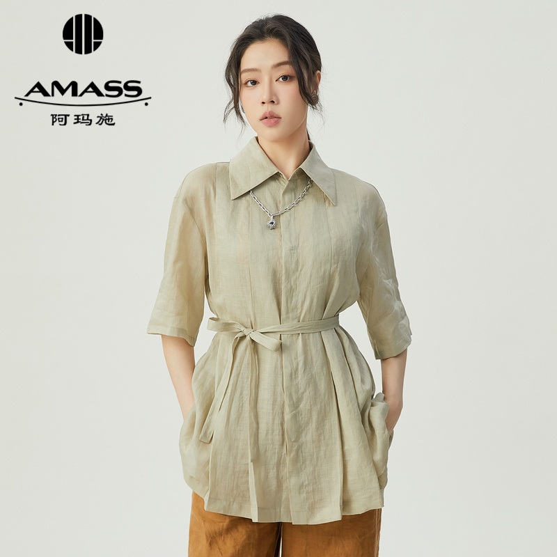 阿玛施AMASS 直身宽松通勤麻料短袖衬衫带飘带5301002