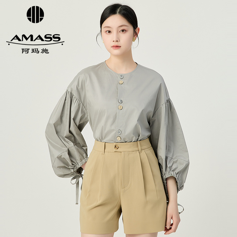 阿玛施AMASS 活泼浪漫落肩泡泡袖质感光泽衬衫5301005