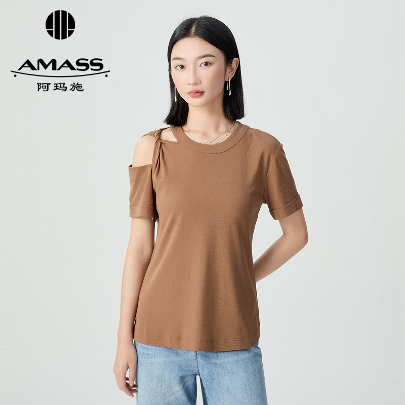阿玛施AMASS 独特造型漏肩款简约素面时尚短袖T恤5301007