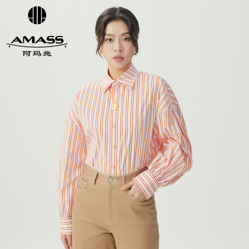 阿玛施AMASS 经典竖条纹糖果粉元气感廓形棉质衬衫5301010