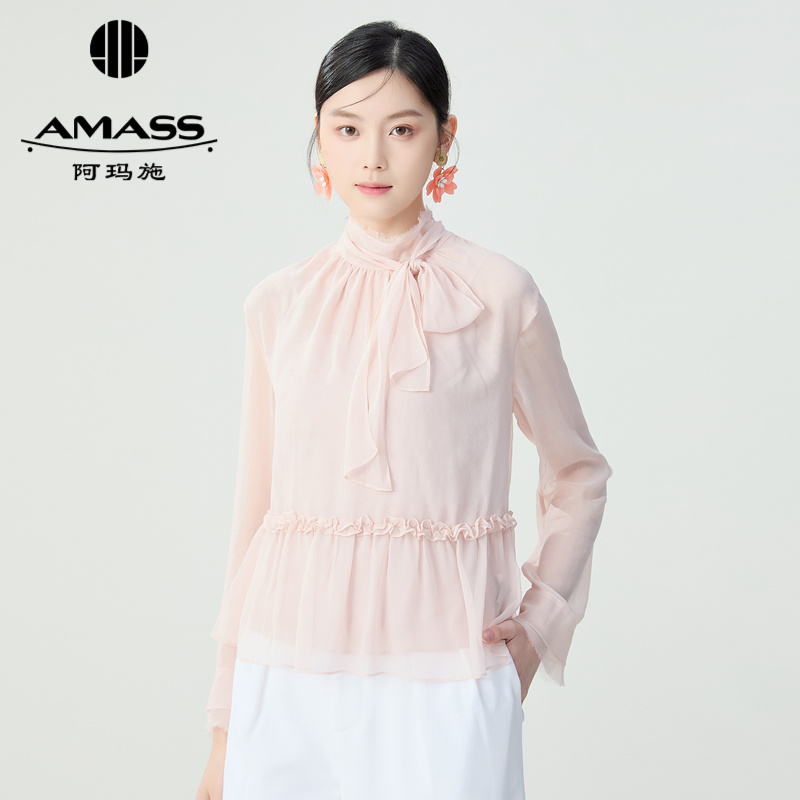 阿玛施AMASS 宫廷风优雅质感下摆拼接透纱衬衫5301012