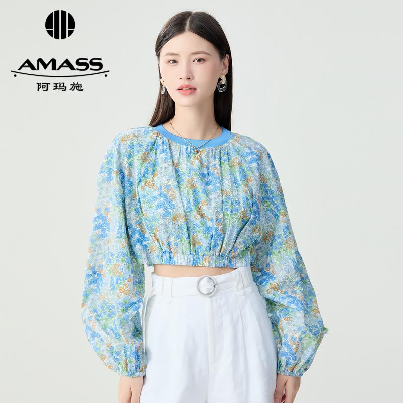 阿玛施AMASS 复古印花圆领短款长袖上衣5301014