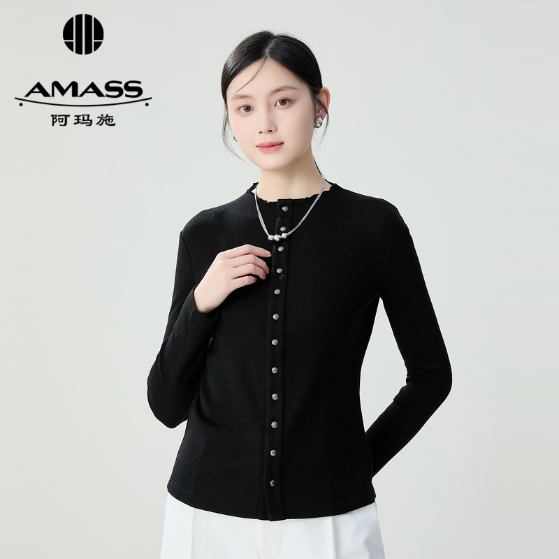 阿玛施AMASS 双面绵羊毛基础款小立领排扣纯色长袖衬衫5301016