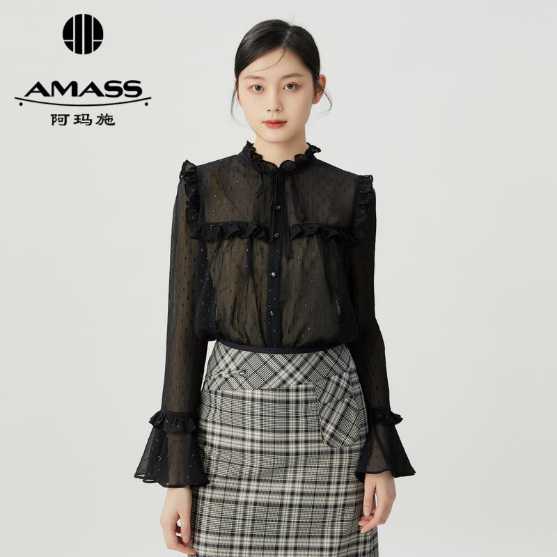 阿玛施AMASS 复古宫廷风花边波点透视衬衫5301020
