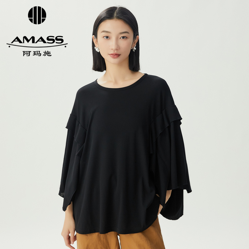 阿玛施AMASS 多层次袖边纯色造型感T恤5301023