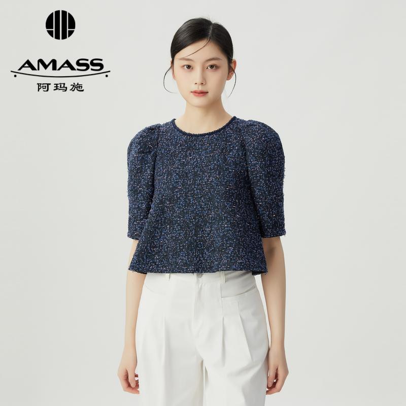 阿玛施AMASS 精致千金风花呢羊腿袖短袖上衣5301026