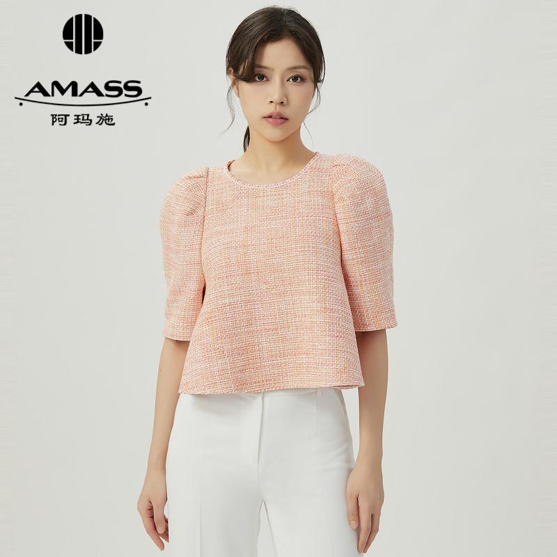 阿玛施AMASS小香风羊腿袖造型花呢肌理感短袖上衣5301026