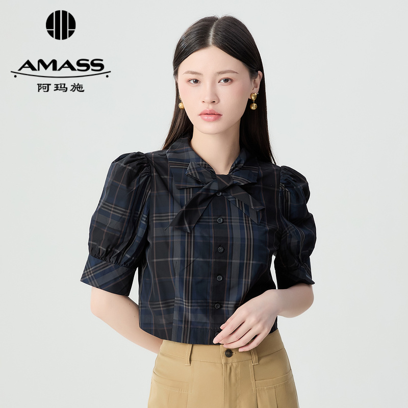 阿玛施AMASS 复古减龄学院风格纹短款上衣5301027